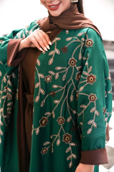 Green linen bisht abaya with embroidery C:IB290 Green